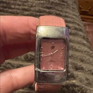 Pink Leather Cuff  Silver Watch has plastic cover on front